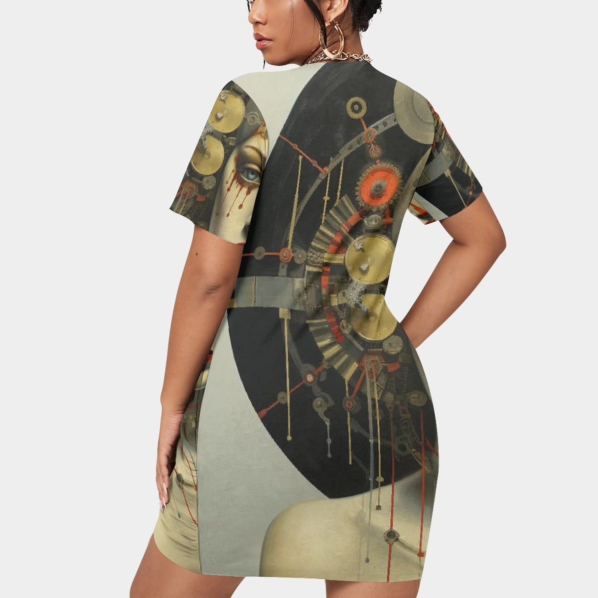 All-Over Print Women’s Stacked Hem Dress With Short Sleeve（Plus Size）