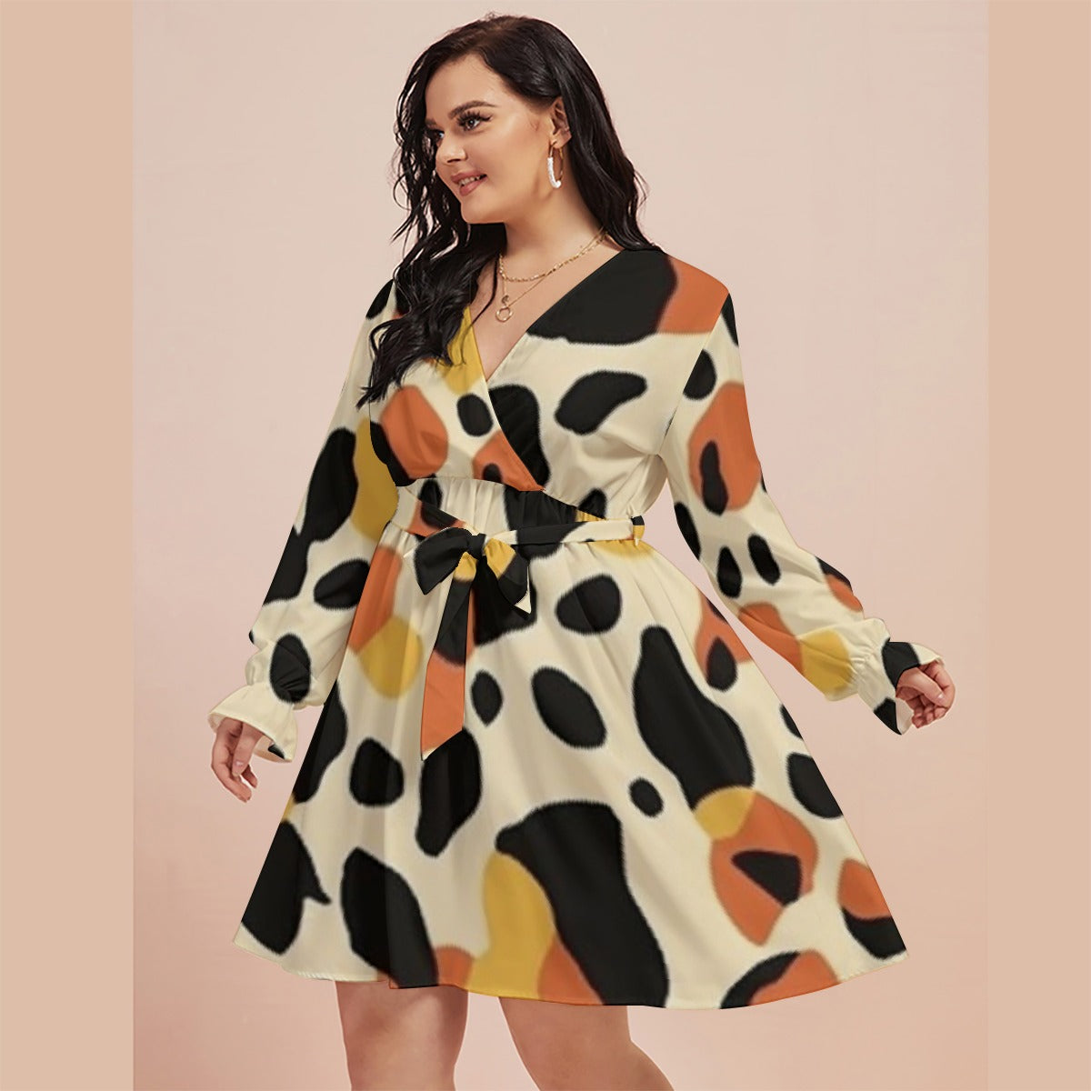 All-Over Print Women's V-neck Dress With Waistband(Plus Size)