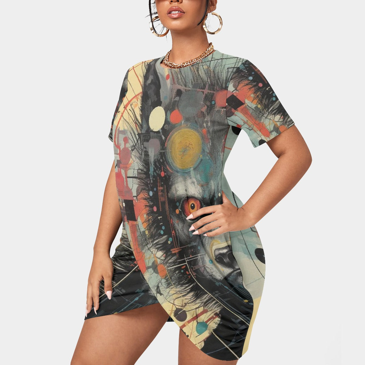 All-Over Print Women’s Stacked Hem Dress With Short Sleeve（Plus Size）