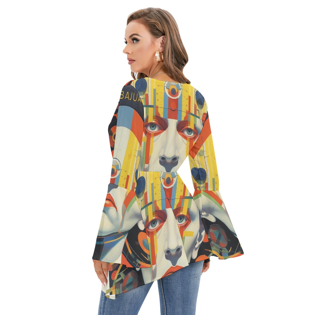 All-Over Print Women's V-neck Blouse With Flared Sleeves