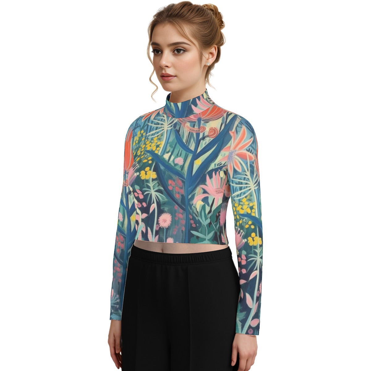 Eco-Friendly All-Over Print Women's Turtleneck T-shirt With Long Sleeve