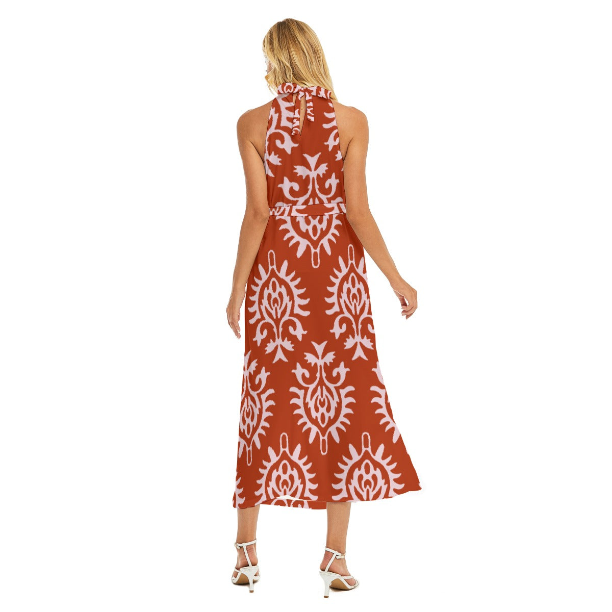 All-Over Print Women's Wrap Hem Belted Halter Dress