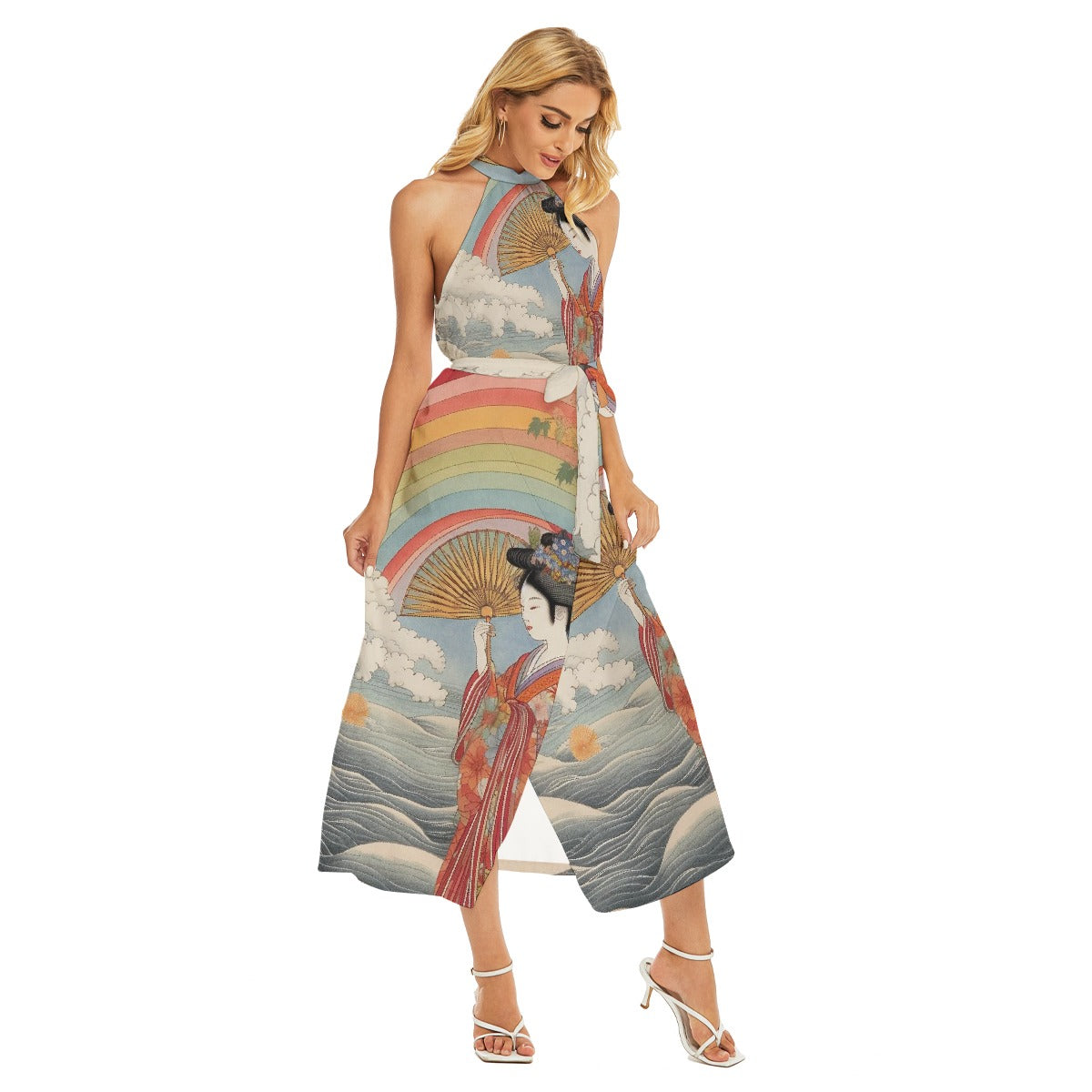 All-Over Print Women's Wrap Hem Belted Halter Dress