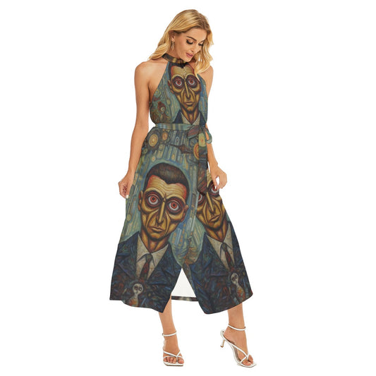 All-Over Print Women's Wrap Hem Belted Halter Dress