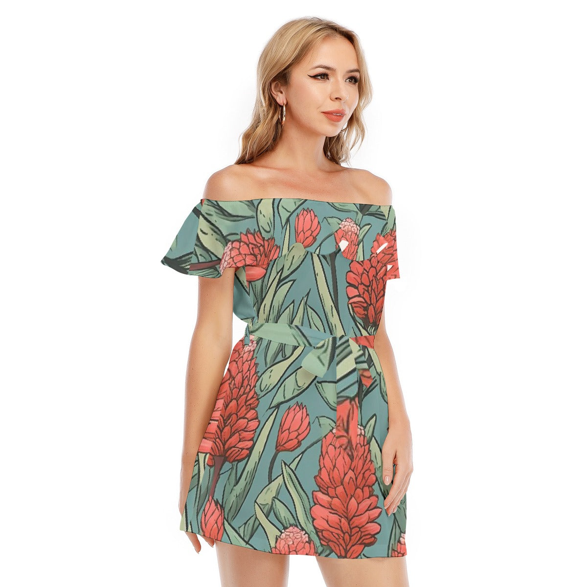 All-Over Print Women's Off-shoulder Dress With Ruffle