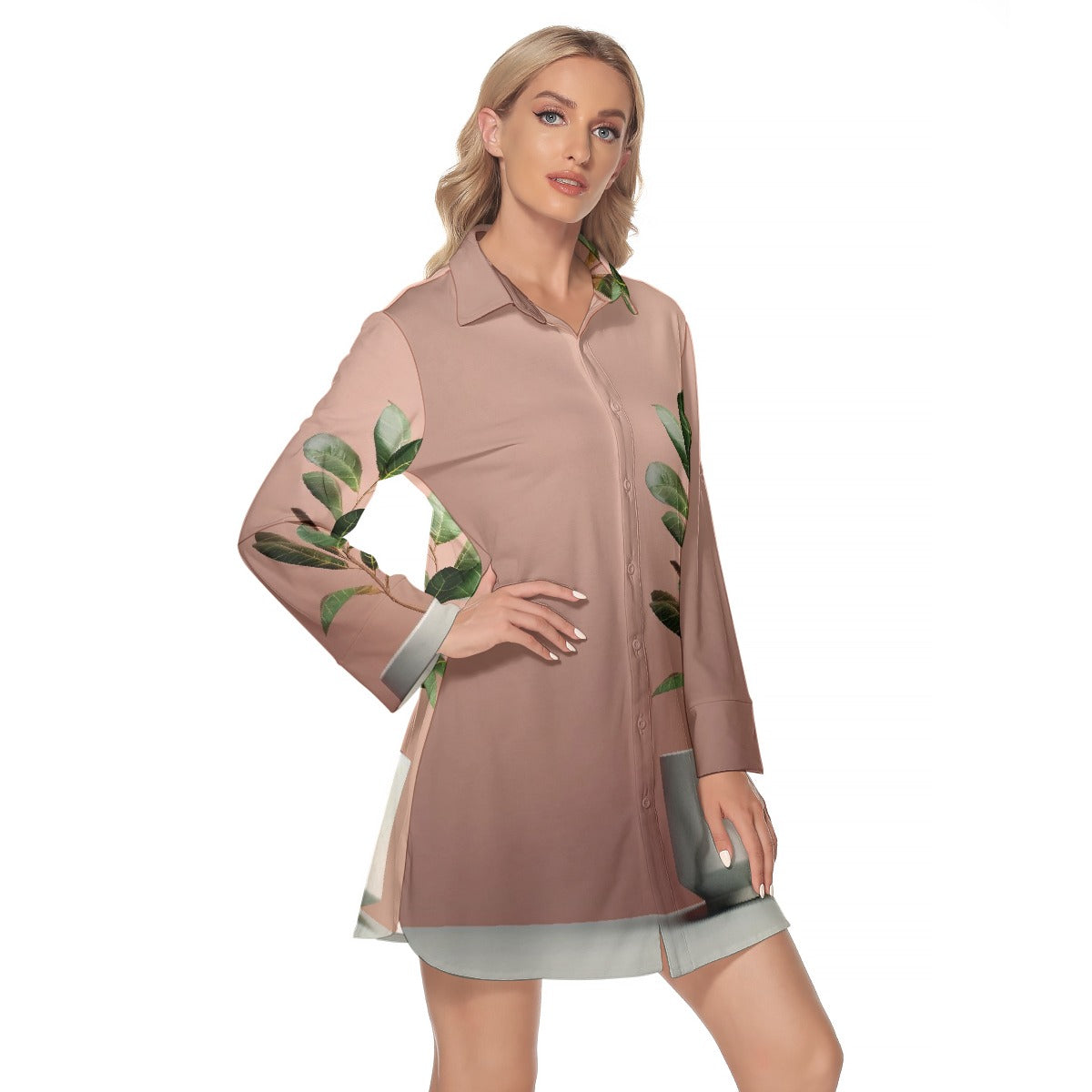 All-Over Print Women's Lapel Shirt Dress With Long Sleeve