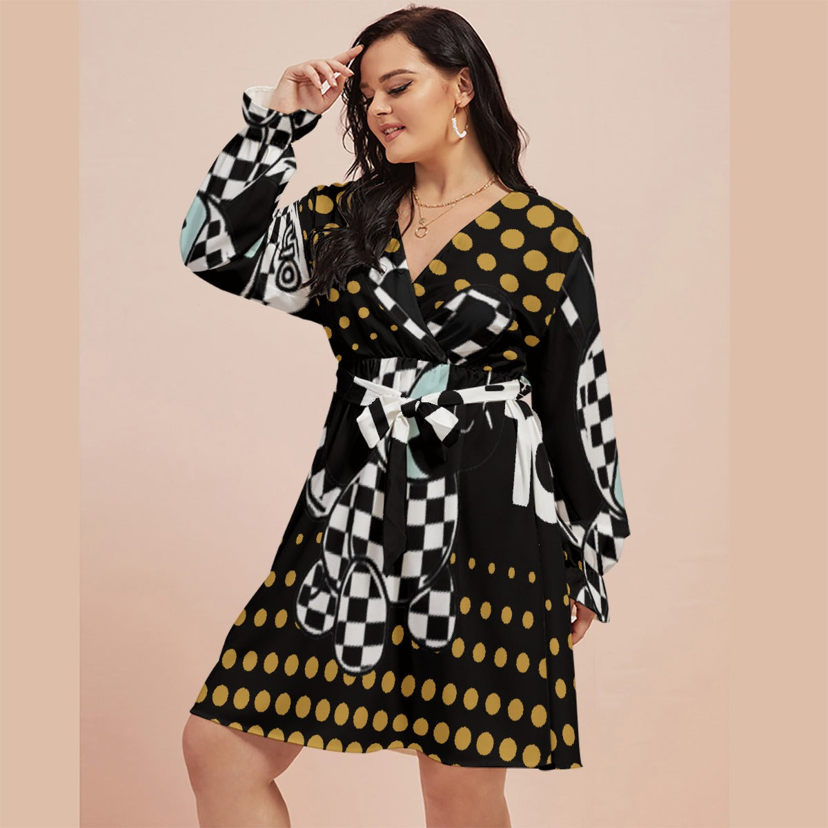 All-Over Print Women's V-neck Dress With Waistband(Plus Size)