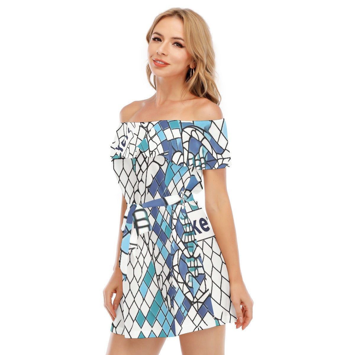 All-Over Print Women's Off-shoulder Dress With Ruffle