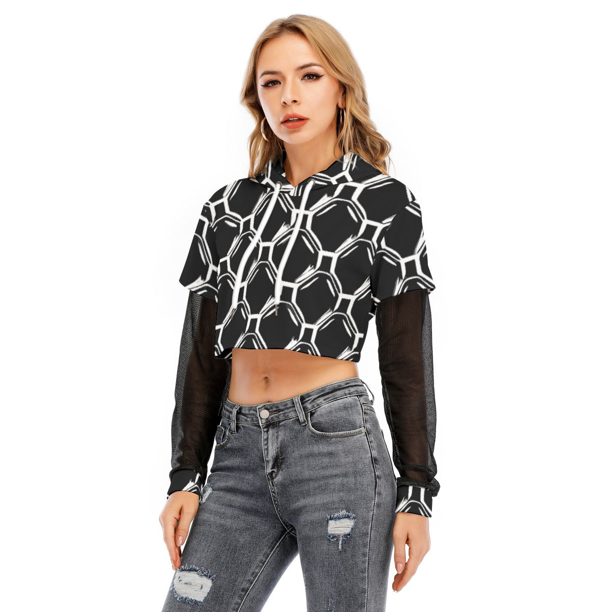 All-Over Print Women's Fake Two-piece Mesh Sleeve Cropped Hoodie