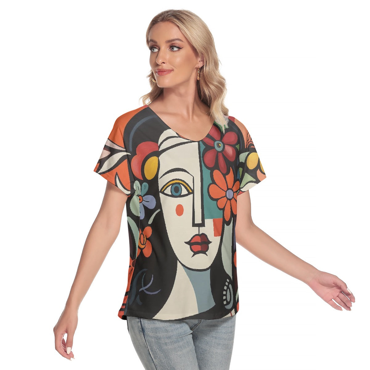 All-Over Print Women's Loose V-neck Short Sleeve T-shirt