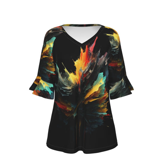 All-Over Print V-neck Women's T-shirt With Bell Sleeve