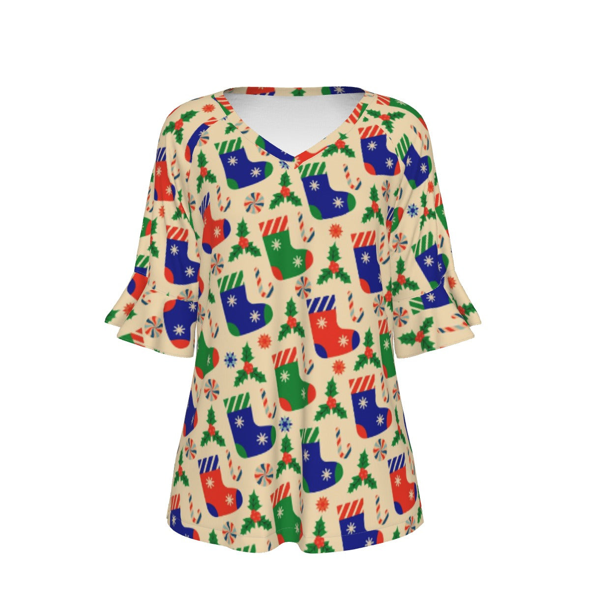 All-Over Print V-neck Women's T-shirt With Bell Sleeve