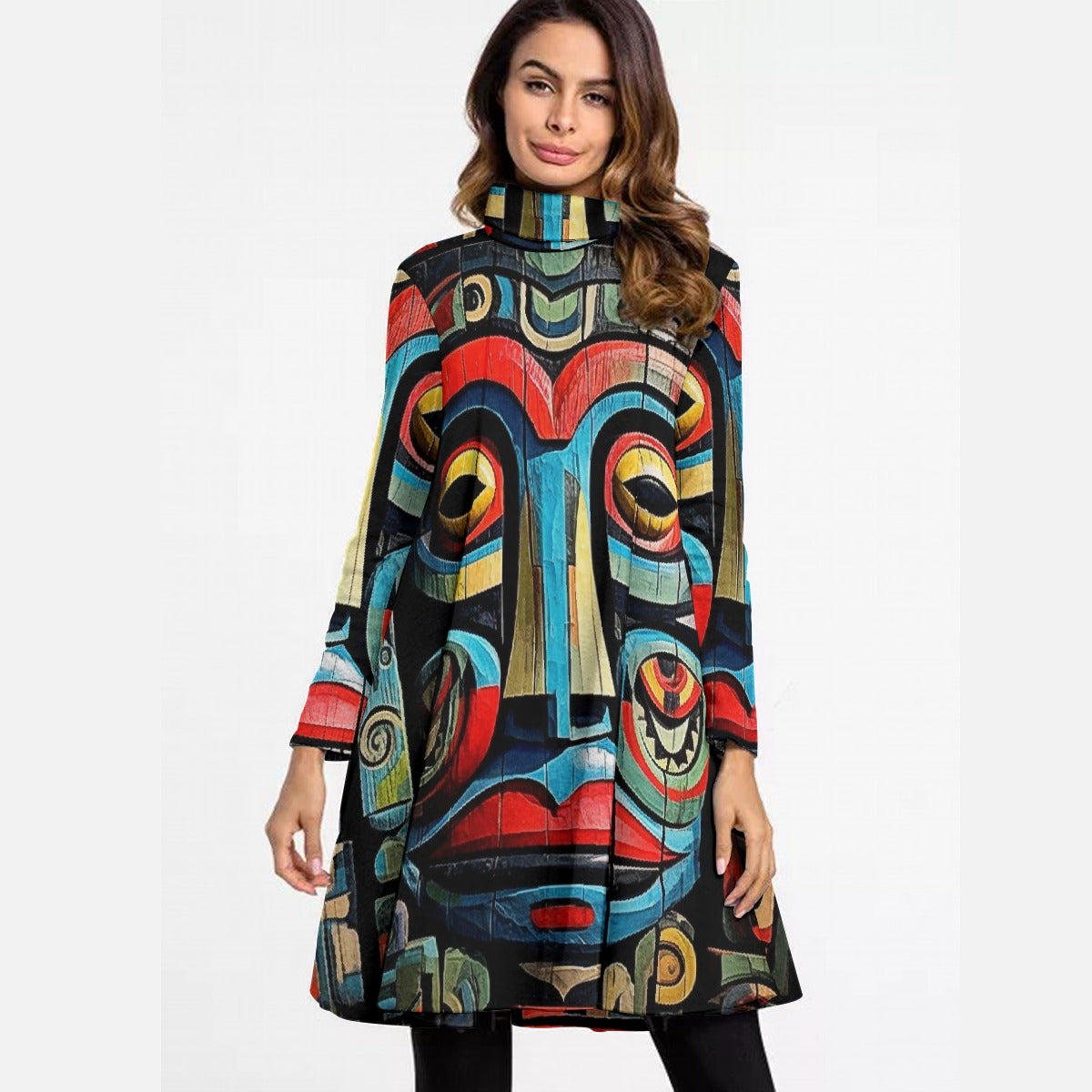 All-Over Print Women's High Neck Dress With Long Sleeve