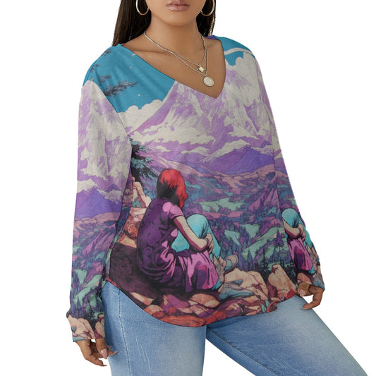 All-Over Print Women's V-neck T-shirt With Curved Hem(Plus Size)