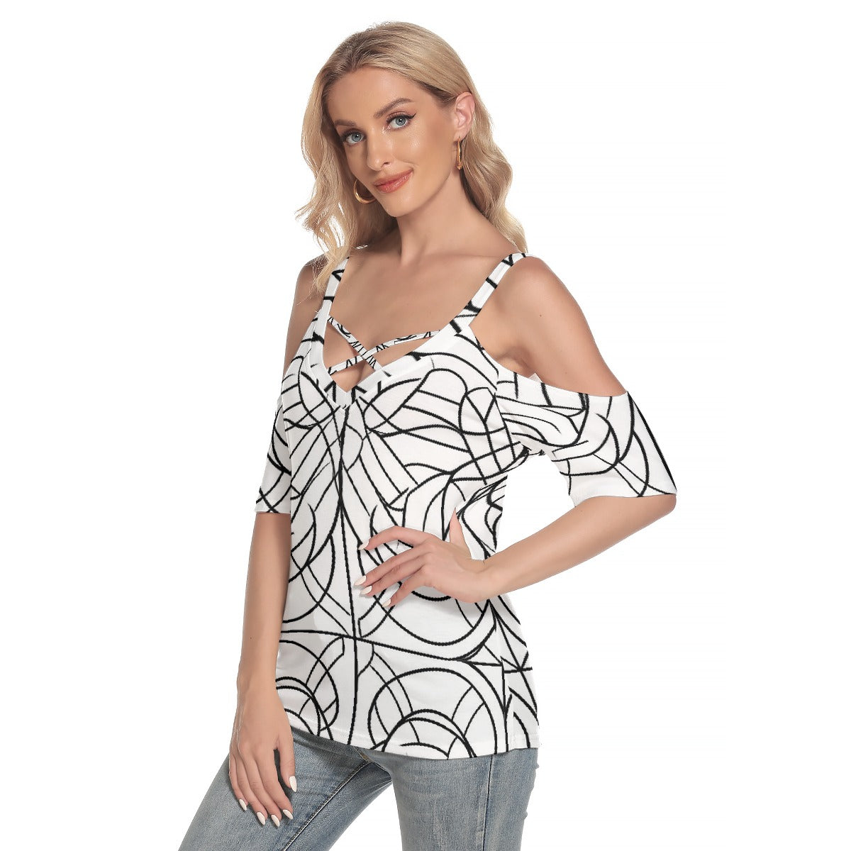 All-Over Print Women's Cold Shoulder T-shirt With Criss Cross Strips