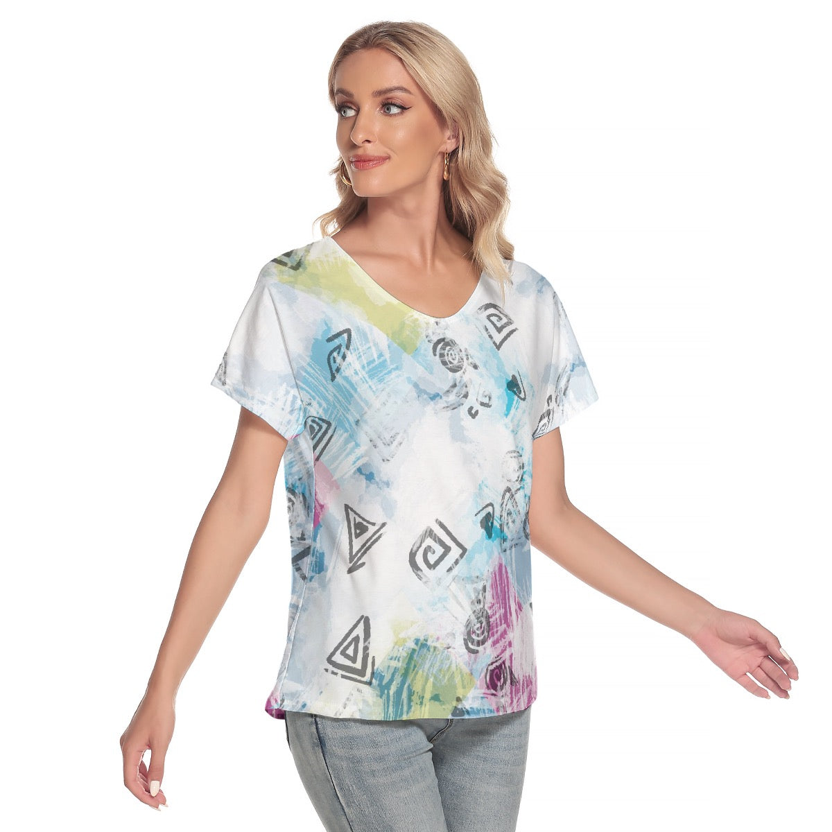 All-Over Print Women's Loose V-neck Short Sleeve T-shirt