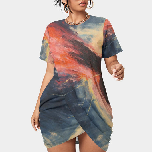 All-Over Print Women’s Stacked Hem Dress With Short Sleeve（Plus Size）