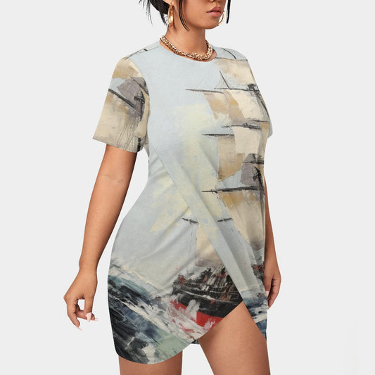 All-Over Print Women’s Stacked Hem Dress With Short Sleeve（Plus Size）