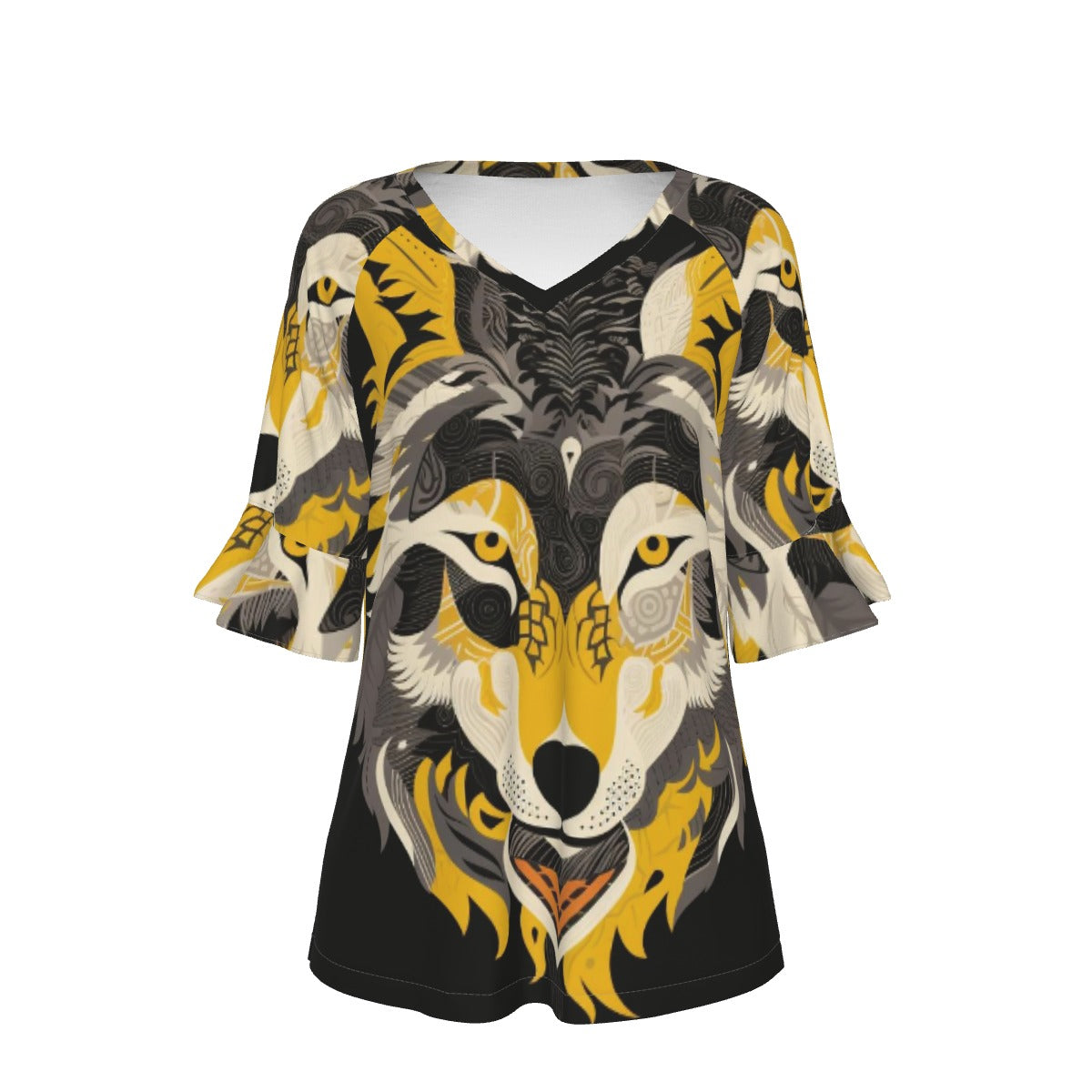 All-Over Print V-neck Women's T-shirt With Bell Sleeve