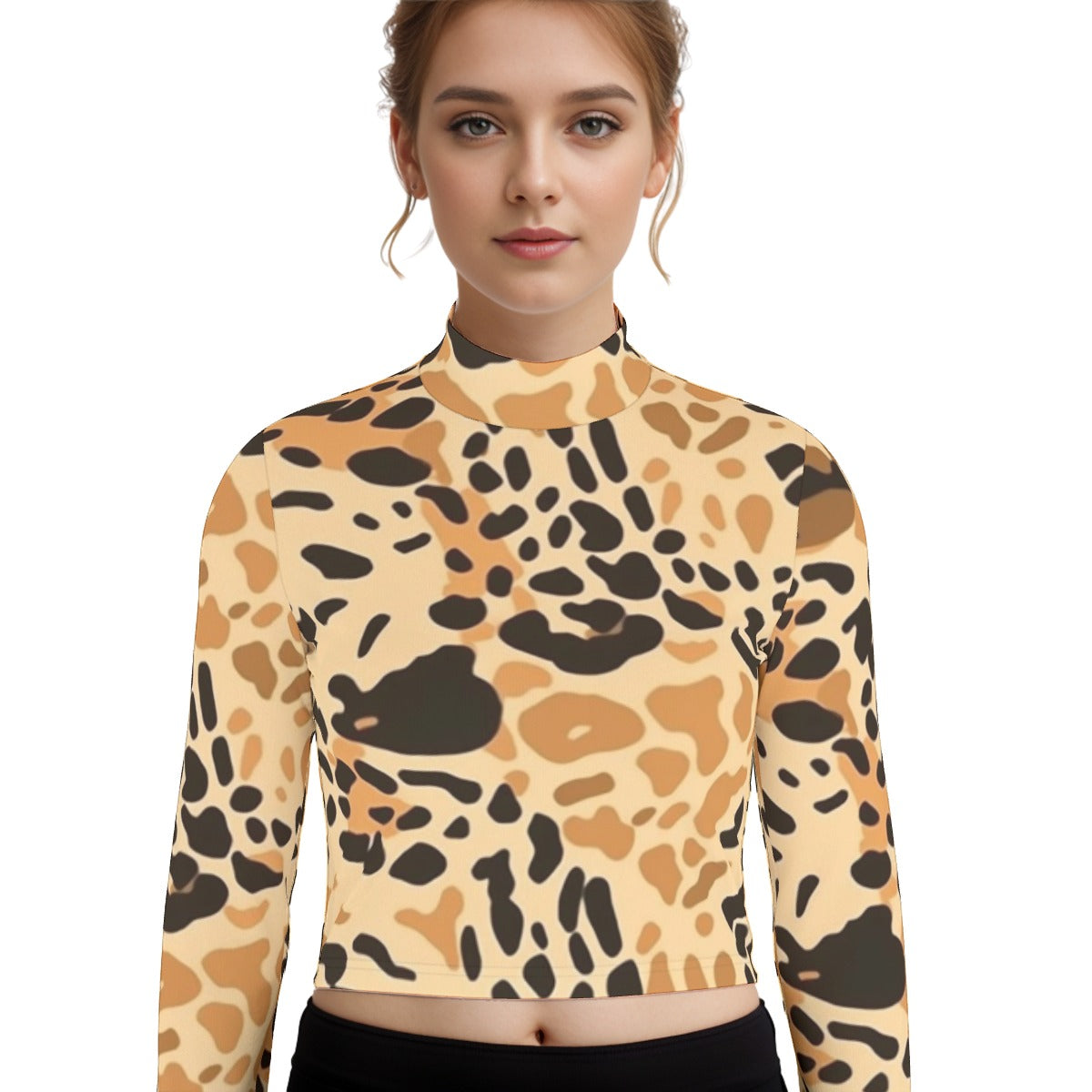 Eco-Friendly All-Over Print Women's Turtleneck T-shirt With Long Sleeve