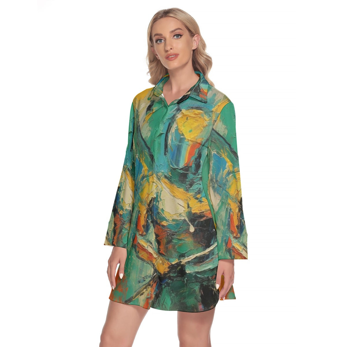 All-Over Print Women's Lapel Shirt Dress With Long Sleeve