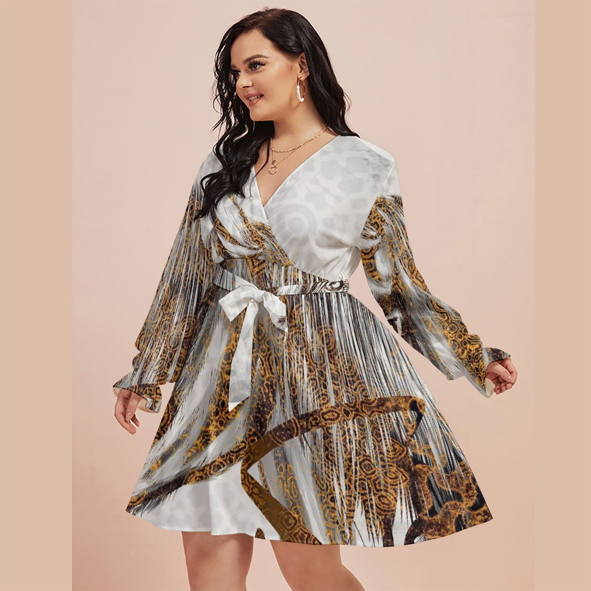 All-Over Print Women's V-neck Dress With Waistband(Plus Size)