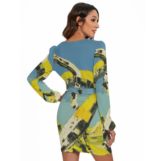 All-Over Print Women's Long Sleeve Dress With Waist Belt