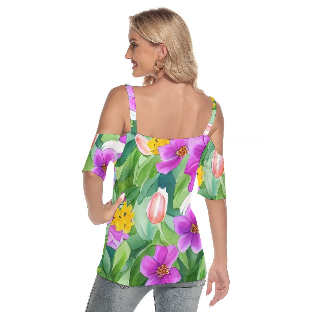 All-Over Print Women's Cold Shoulder T-shirt With Criss Cross Strips