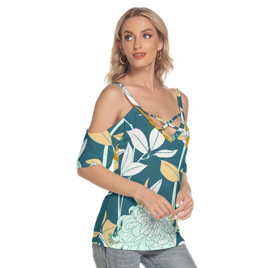 All-Over Print Women's Cold Shoulder T-shirt With Criss Cross Strips