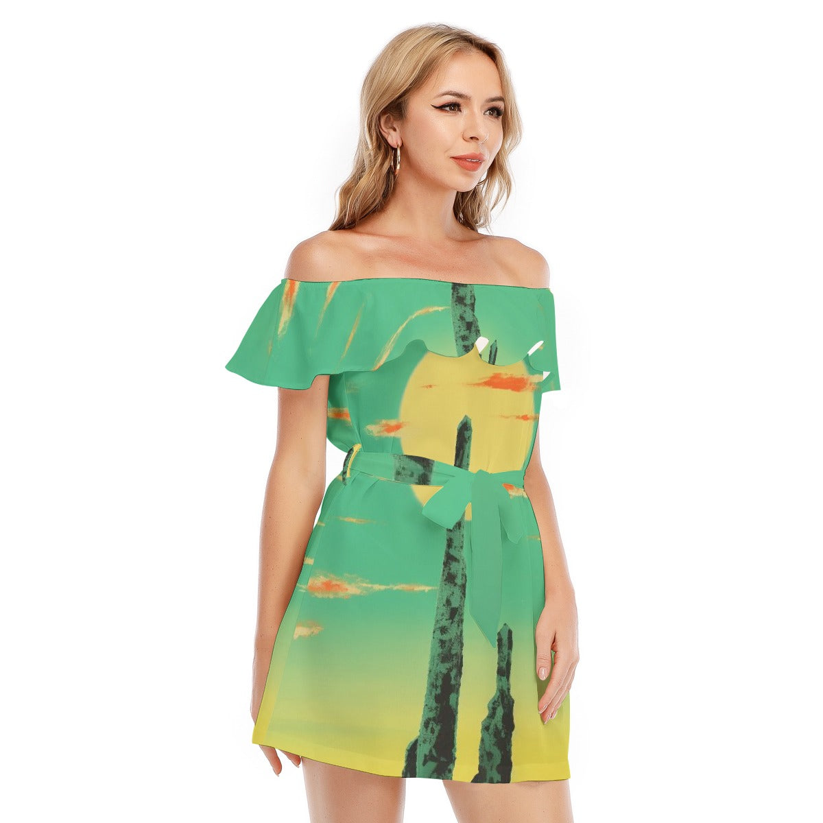 All-Over Print Women's Off-shoulder Dress With Ruffle