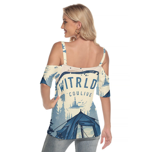 All-Over Print Women's Cold Shoulder T-shirt With Criss Cross Strips