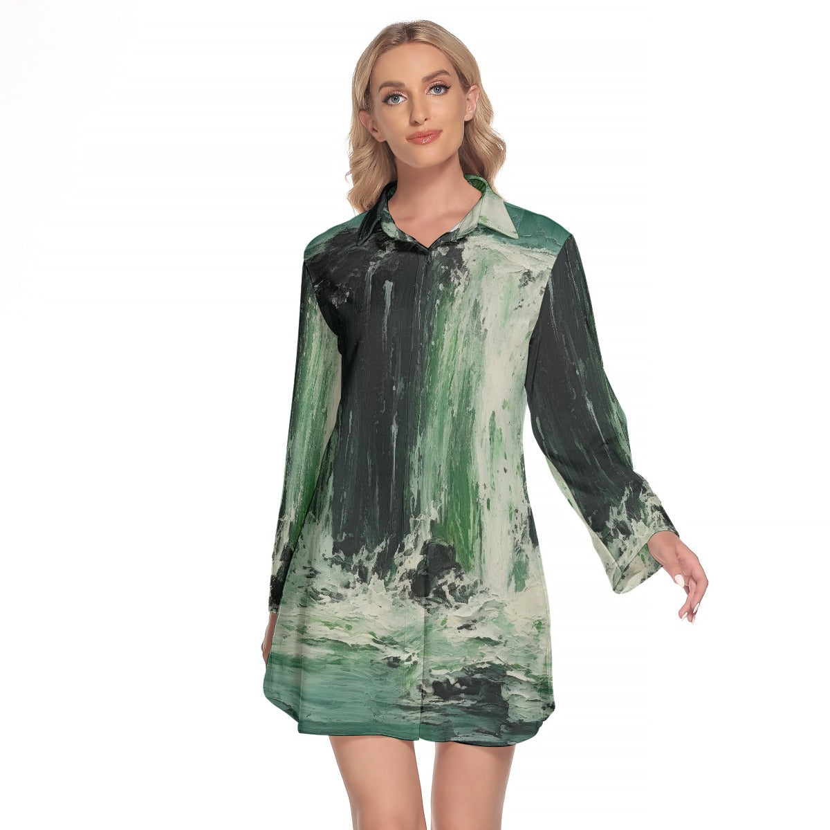 All-Over Print Women's Lapel Shirt Dress With Long Sleeve