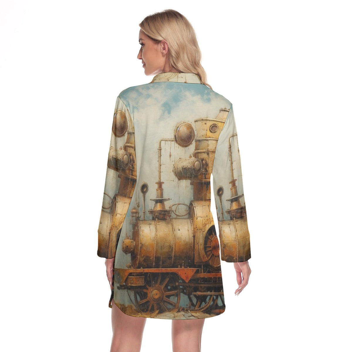 All-Over Print Women's Lapel Shirt Dress With Long Sleeve