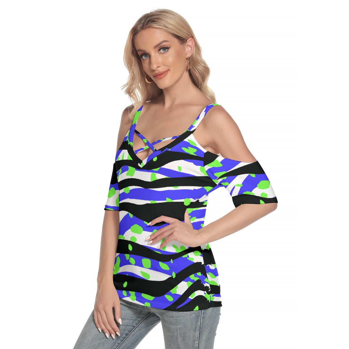 All-Over Print Women's Cold Shoulder T-shirt With Criss Cross Strips