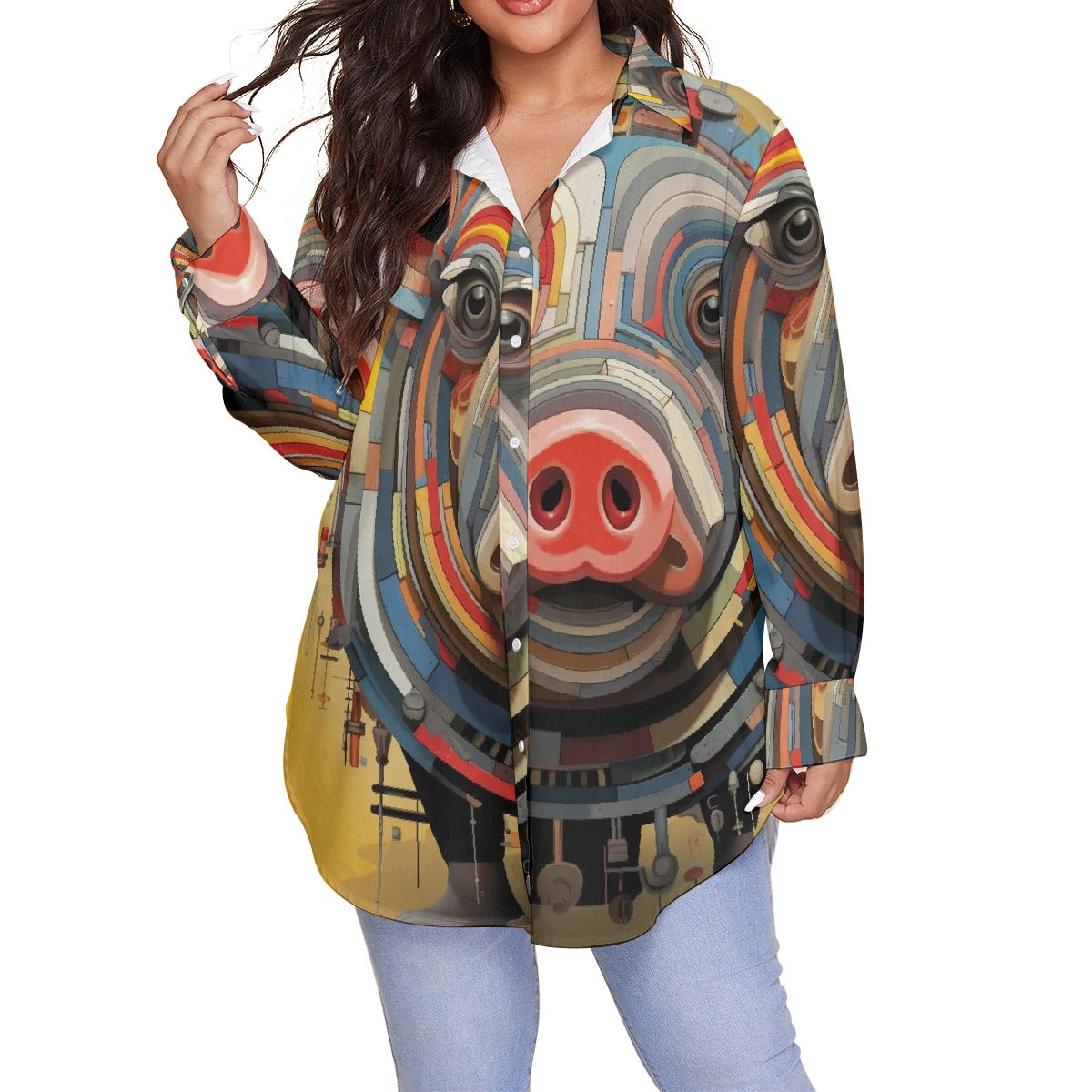 All-Over Print Women's Shirt With Long Sleeve(Plus Size)