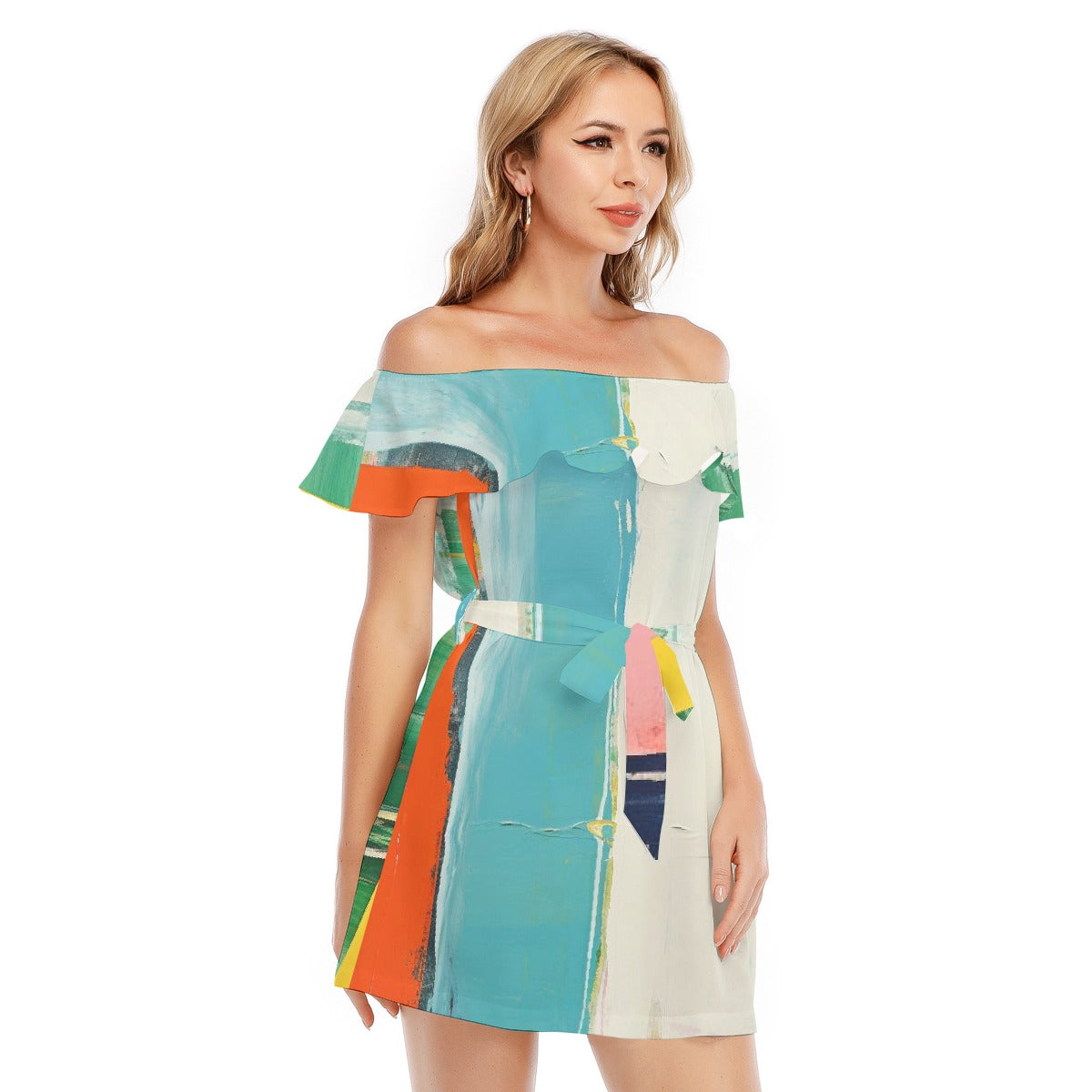 All-Over Print Women's Off-shoulder Dress With Ruffle