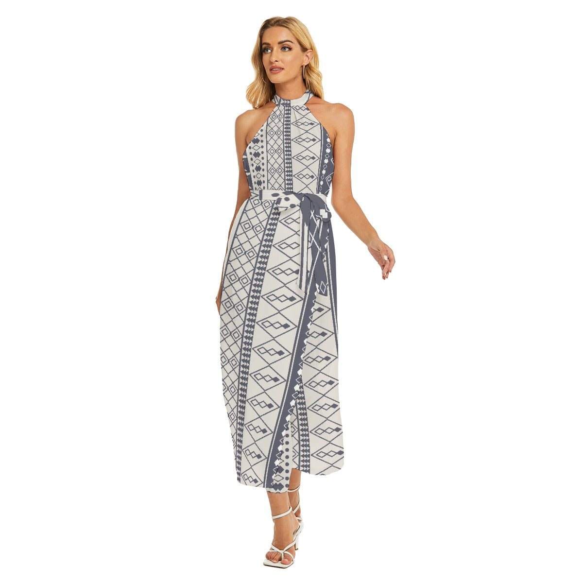 All-Over Print Women's Wrap Hem Belted Halter Dress