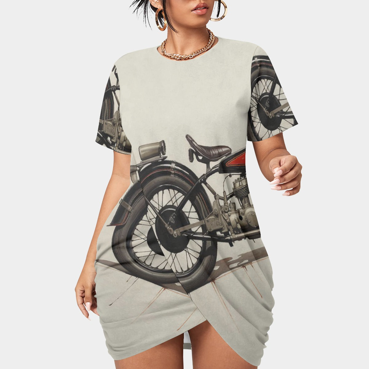 All-Over Print Women’s Stacked Hem Dress With Short Sleeve（Plus Size）