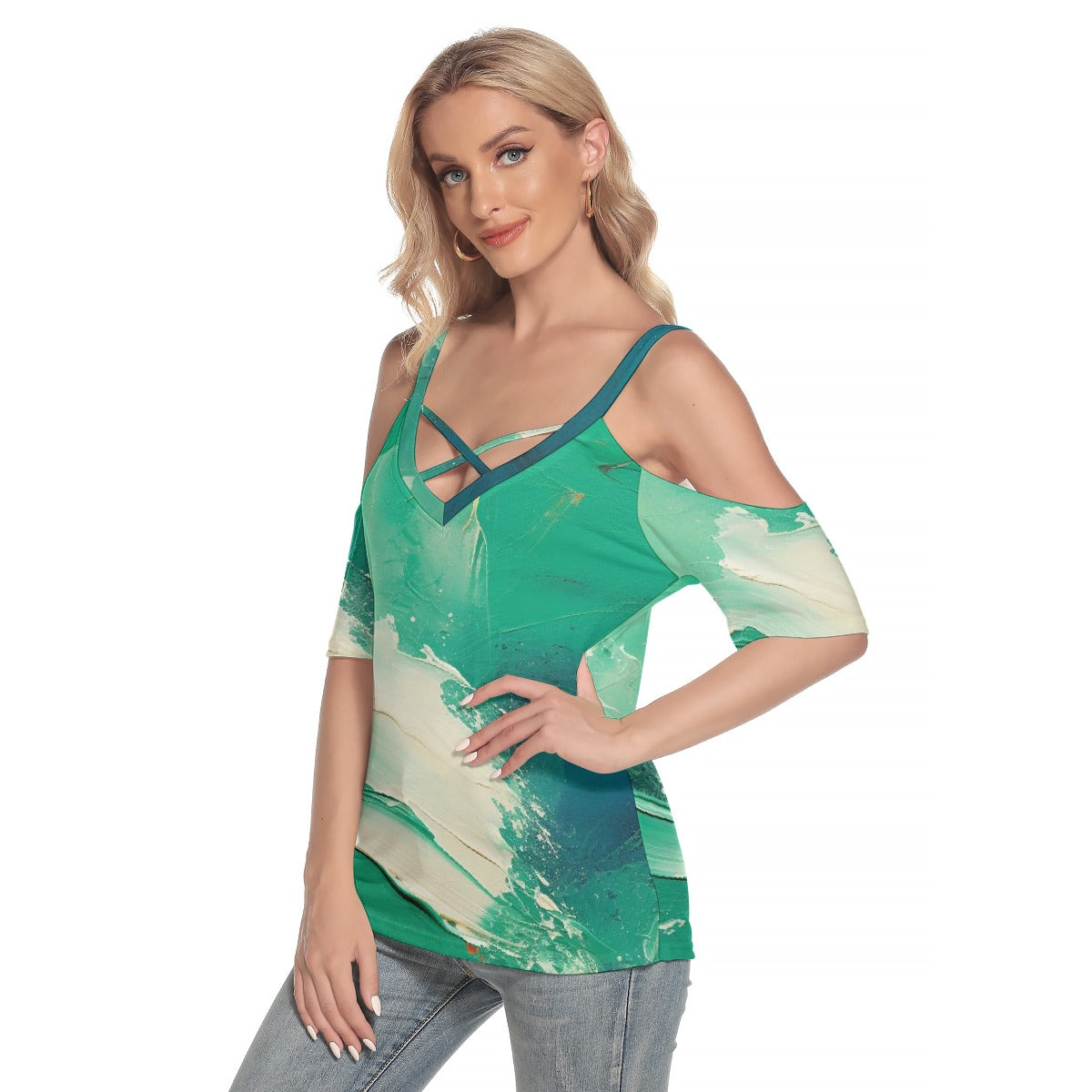 All-Over Print Women's Cold Shoulder T-shirt With Criss Cross Strips