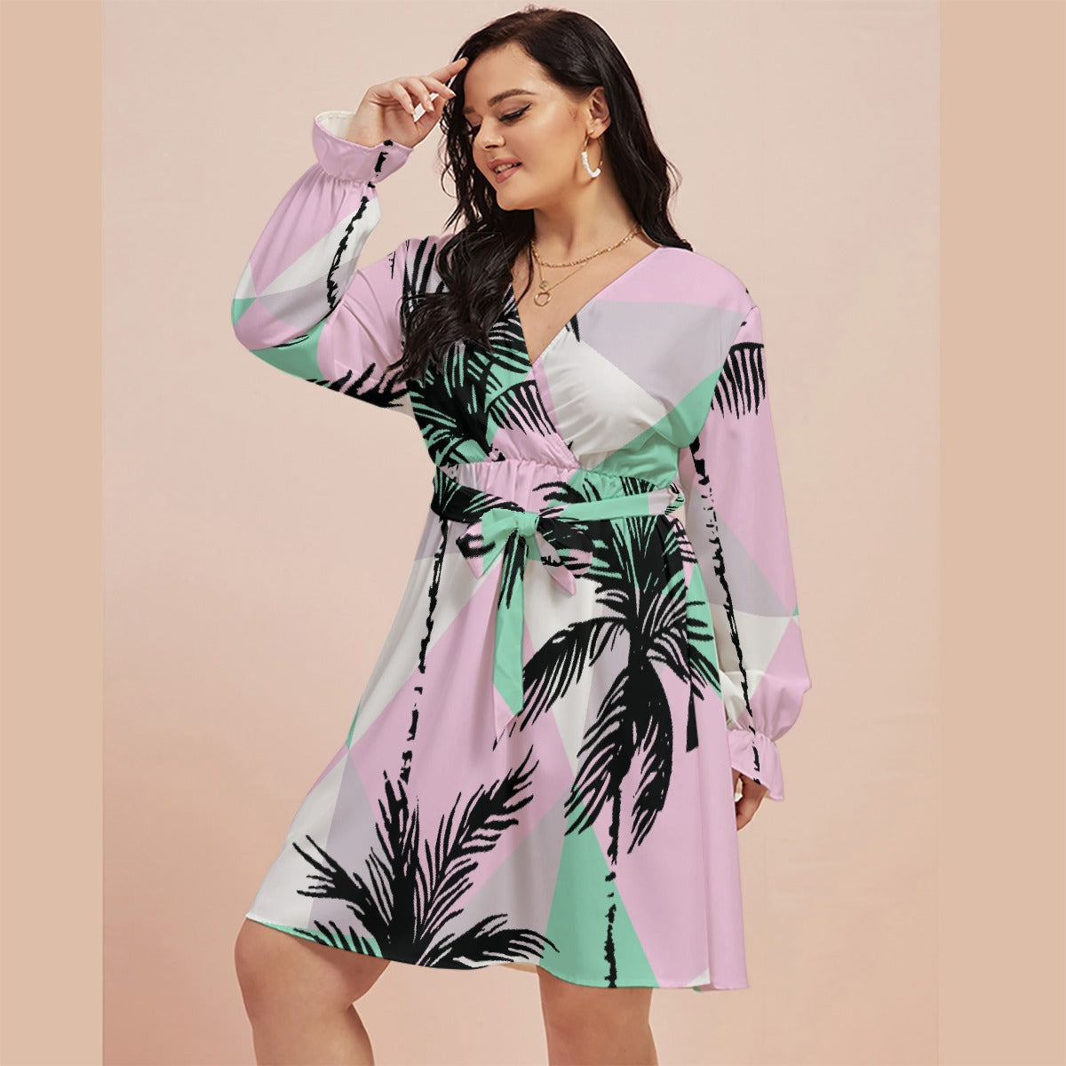 All-Over Print Women's V-neck Dress With Waistband(Plus Size)