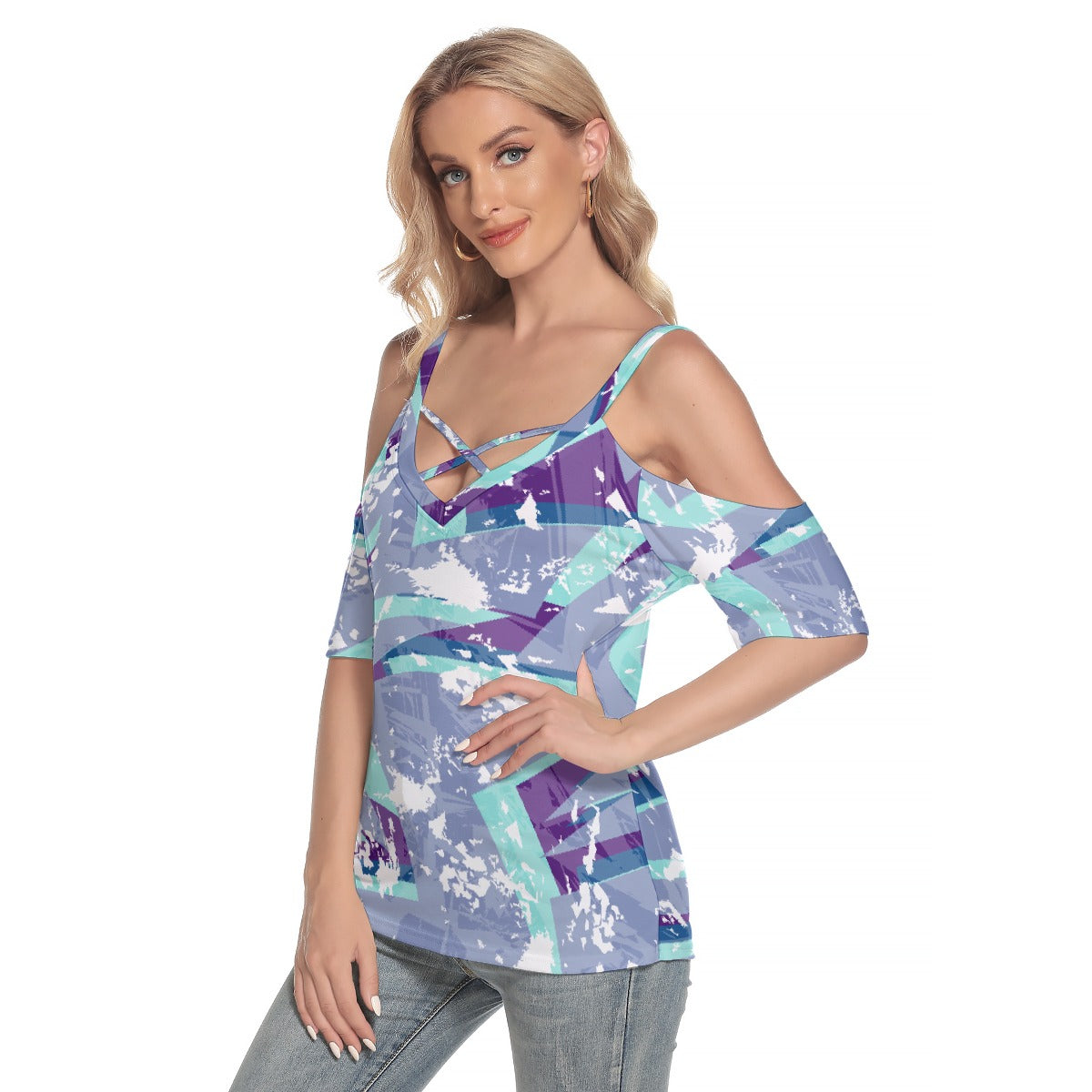 All-Over Print Women's Cold Shoulder T-shirt With Criss Cross Strips