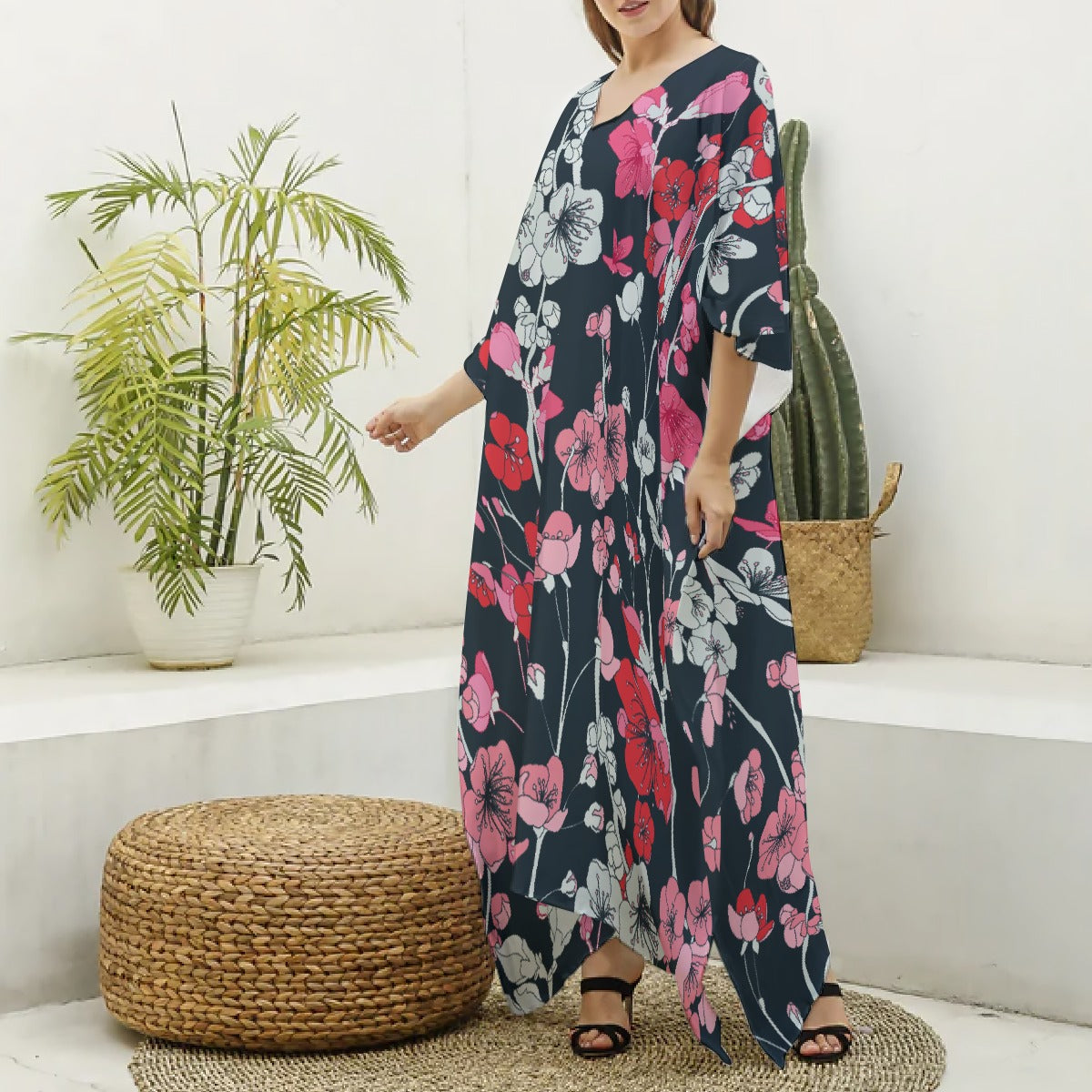 All-Over Print Women's Imitation Silk V-neck Kaftan Robe