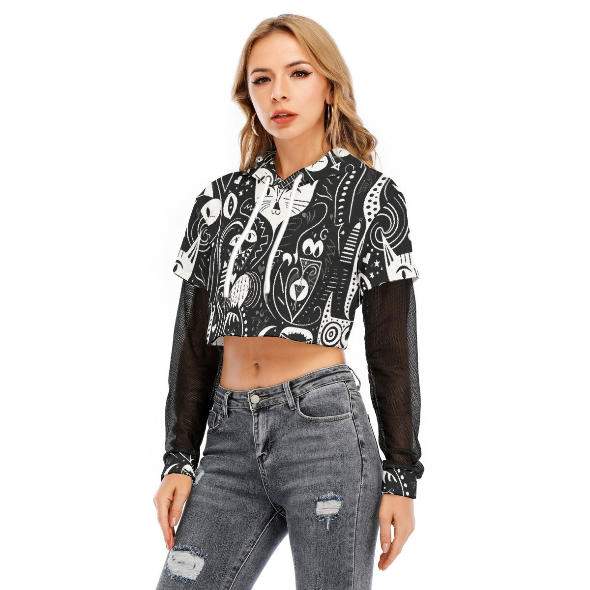 All-Over Print Women's Fake Two-piece Mesh Sleeve Cropped Hoodie