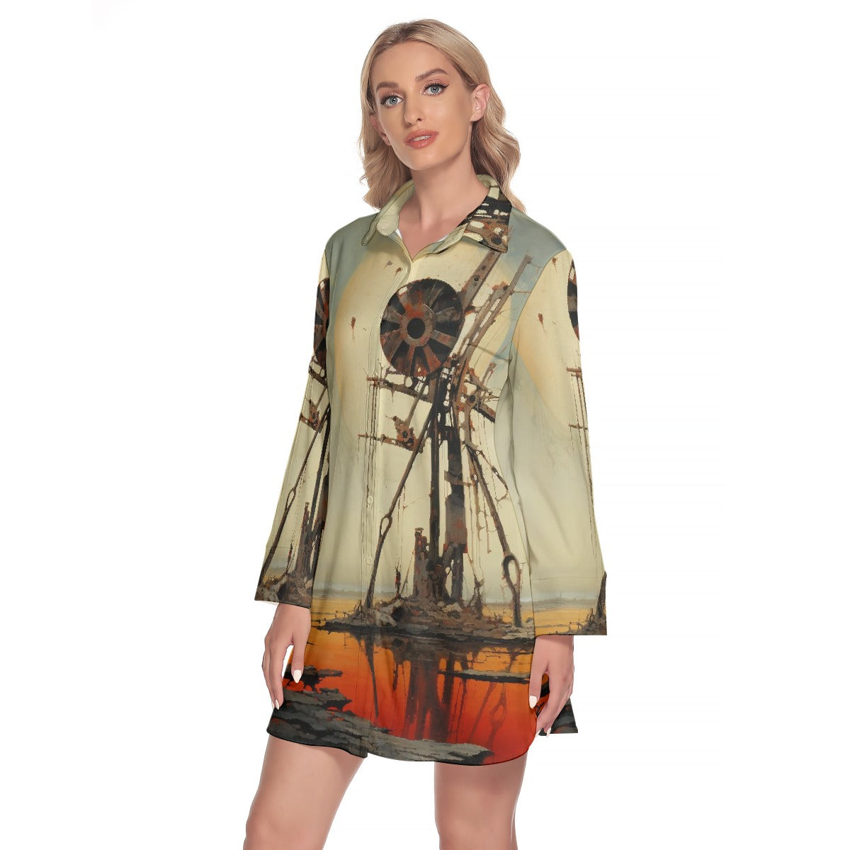 All-Over Print Women's Lapel Shirt Dress With Long Sleeve