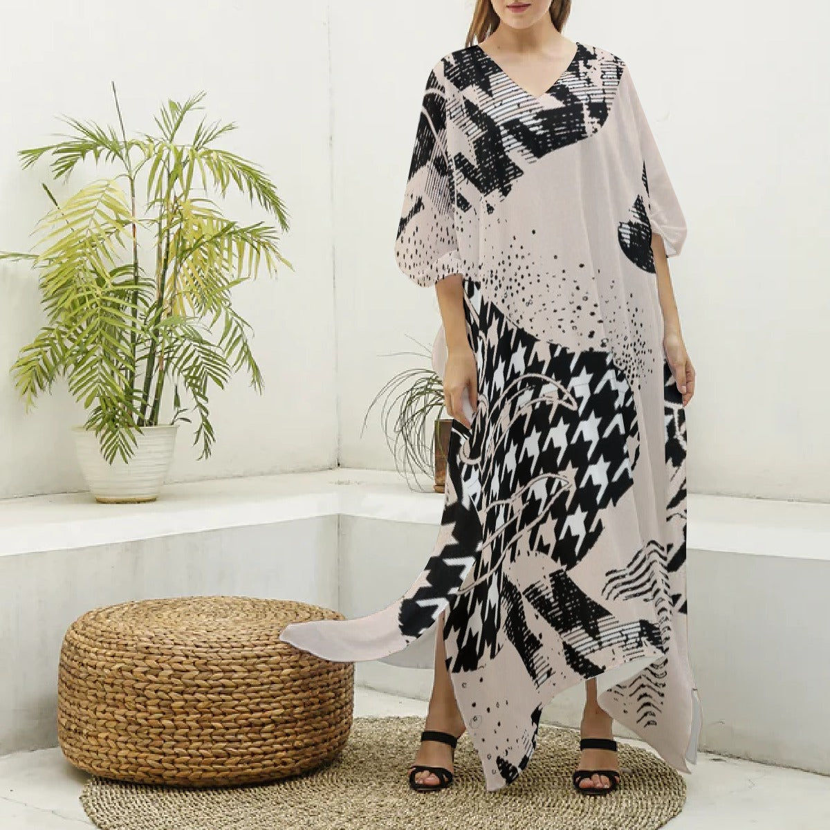 All-Over Print Women's Imitation Silk V-neck Kaftan Robe