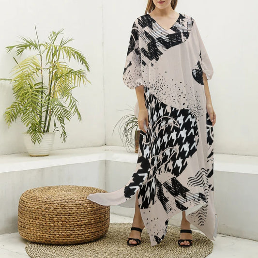 All-Over Print Women's Imitation Silk V-neck Kaftan Robe