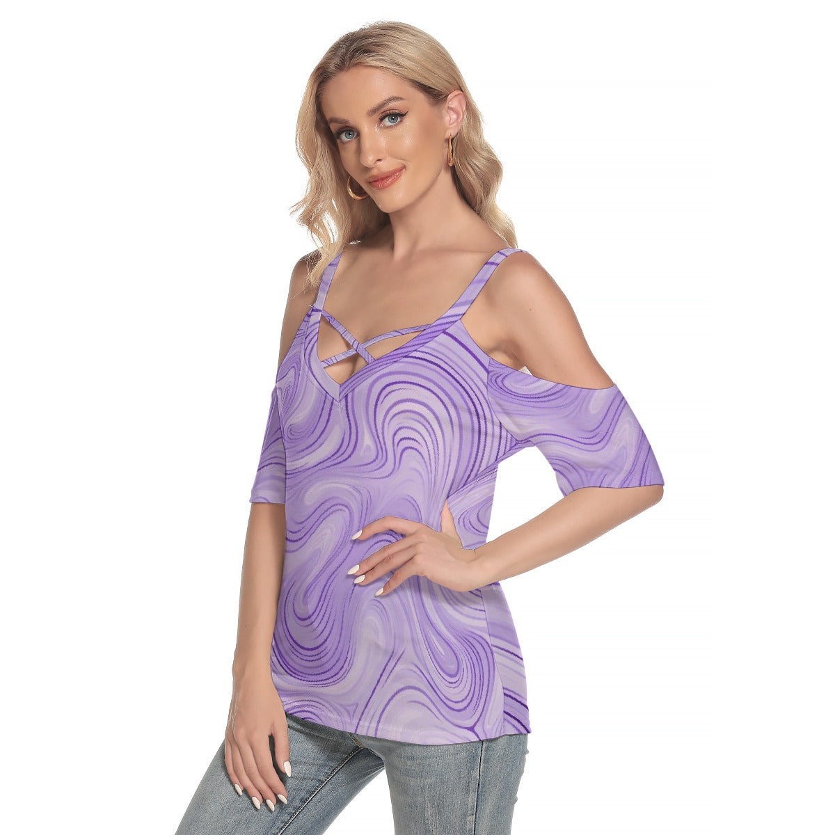 All-Over Print Women's Cold Shoulder T-shirt With Criss Cross Strips