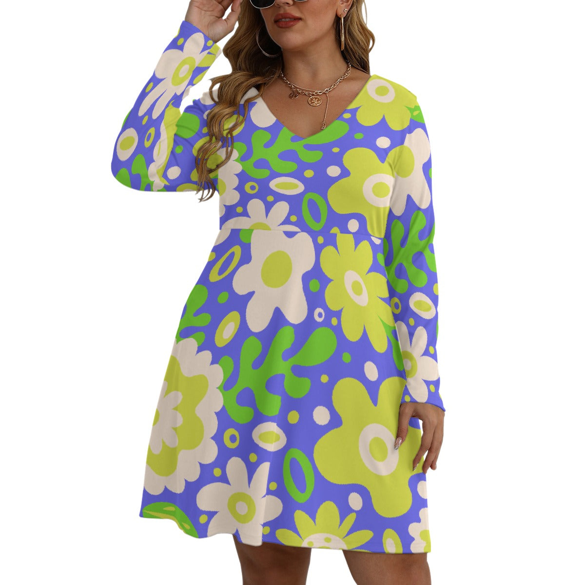 All-Over Print Women's V-neck Long Sleeve Dress(Plus Size)