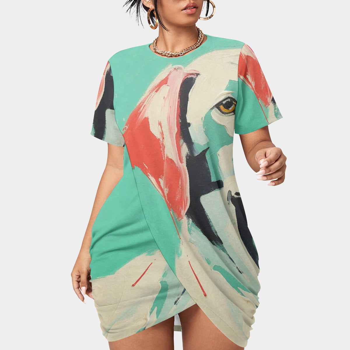 All-Over Print Women’s Stacked Hem Dress With Short Sleeve（Plus Size）