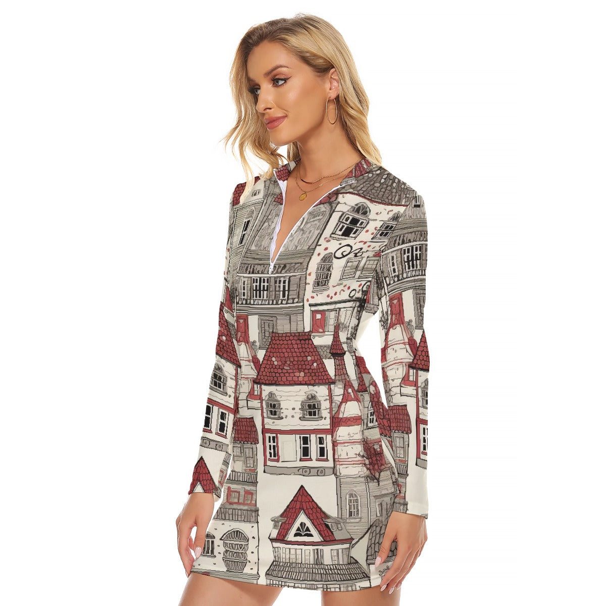 All-Over Print Women's Zip Front Tight Dress